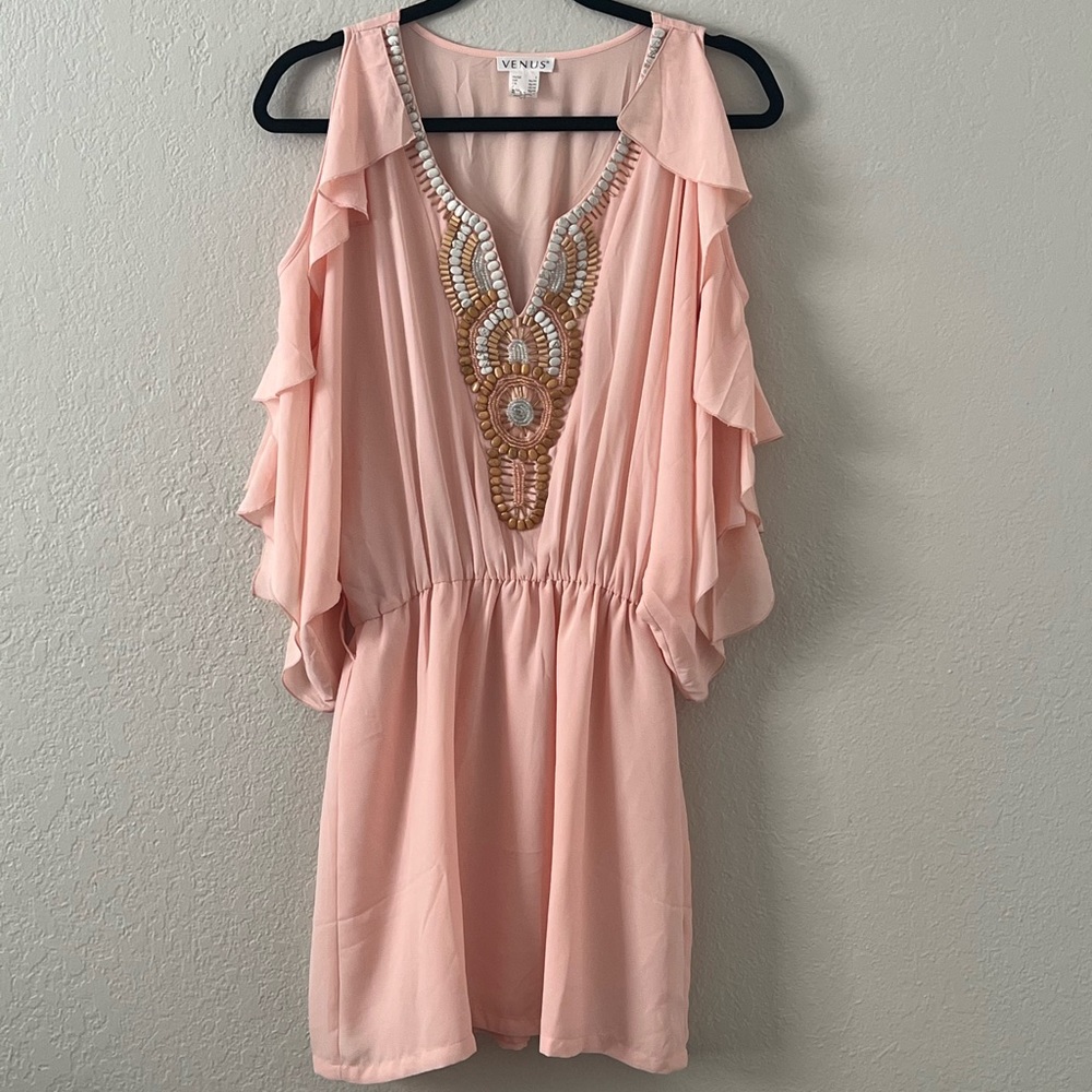 Gorgeous Beaded Cold Shoulder Flutter Detail Dress - image 1